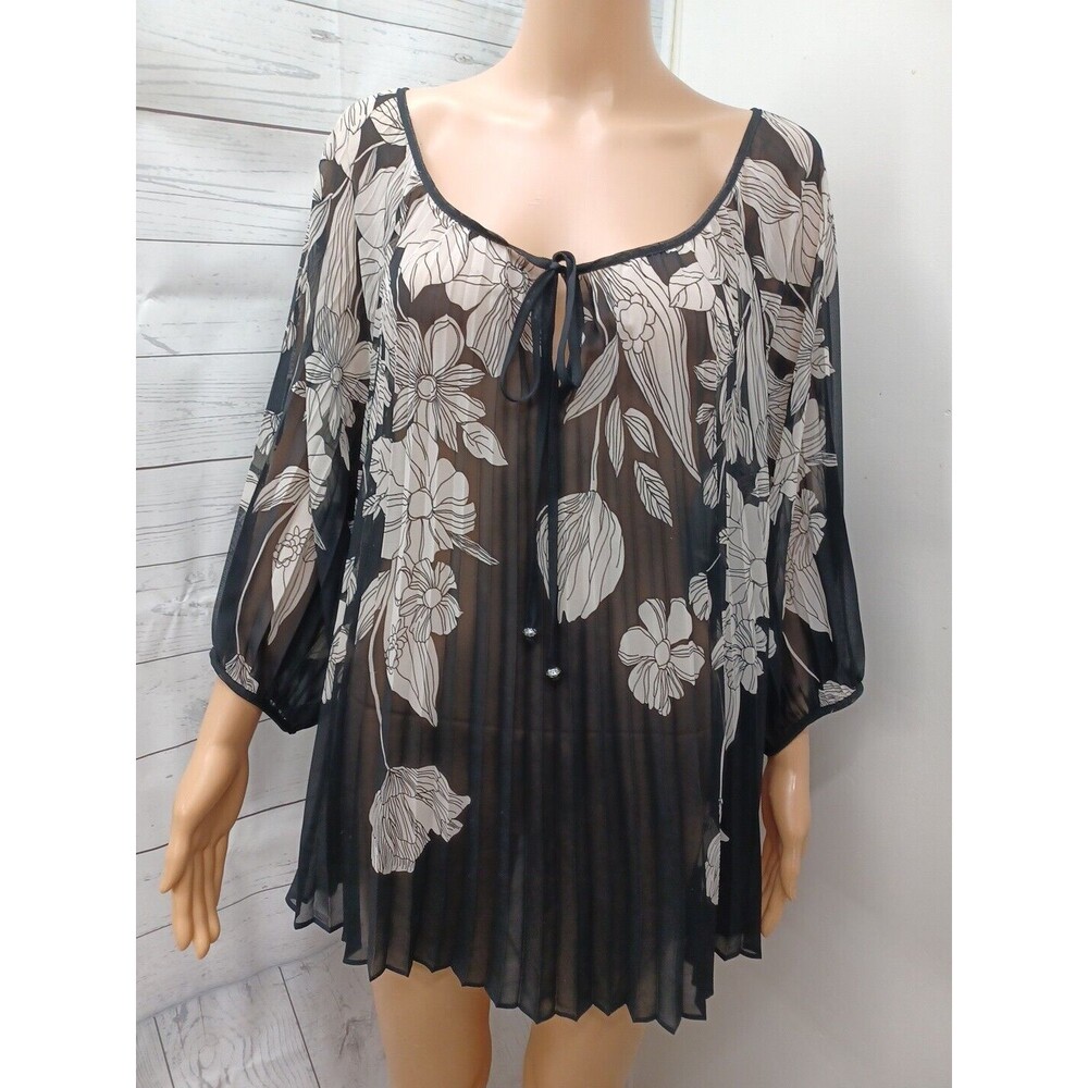 Quintessential Top Black White Long Sleeve Pleated Sheer Womens Size L